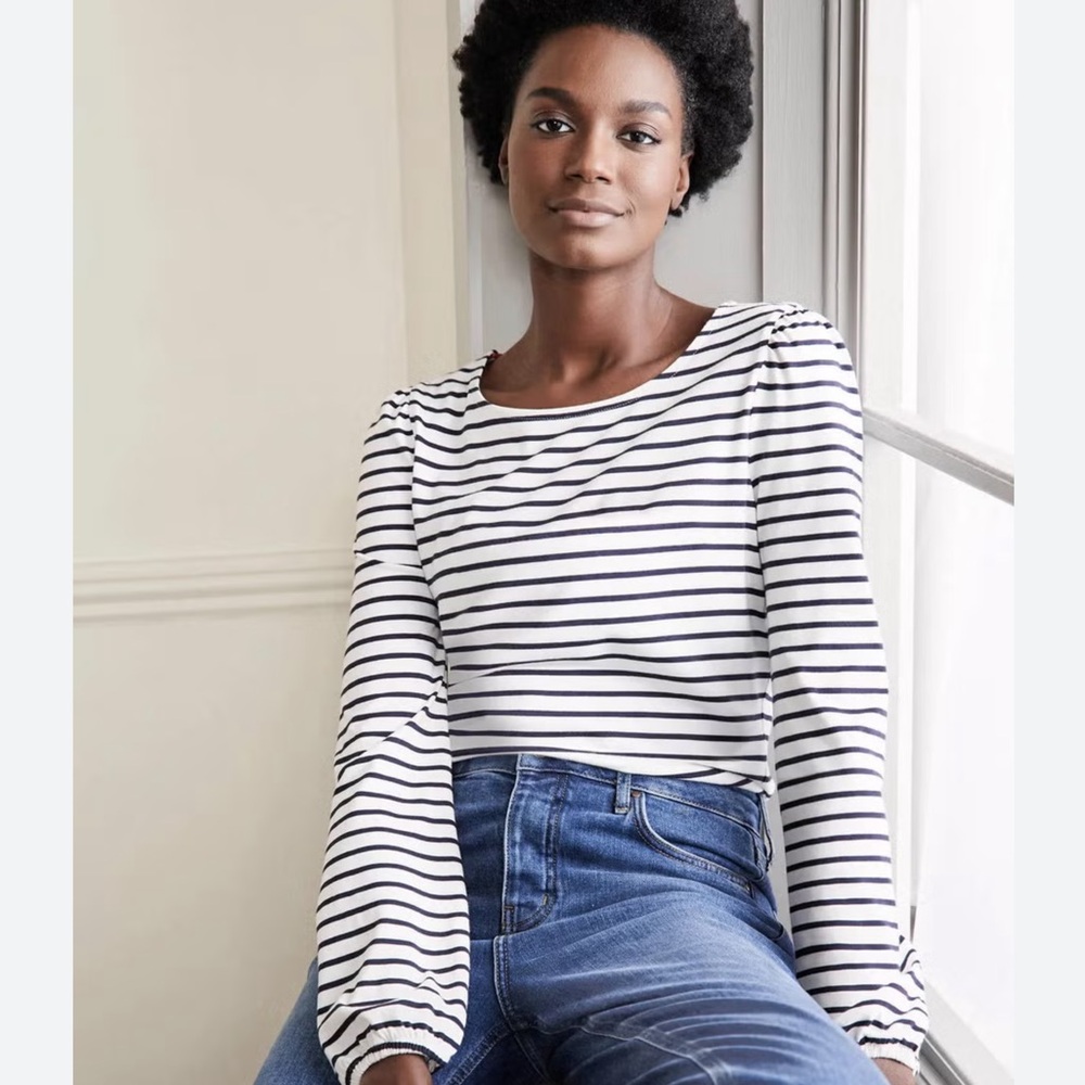 NAUTICAL PREPPY BODEN B&W STRIPED LONG SLEEVE TOP W/ SHOULDER RUCHING‎